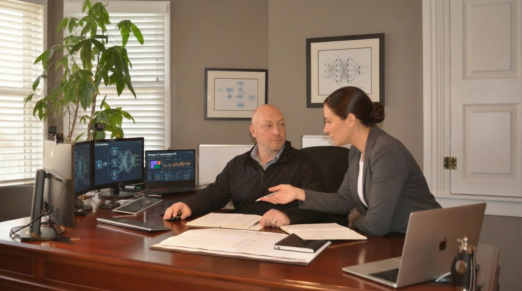 Noel reviewing AI strategy KPIs with a client